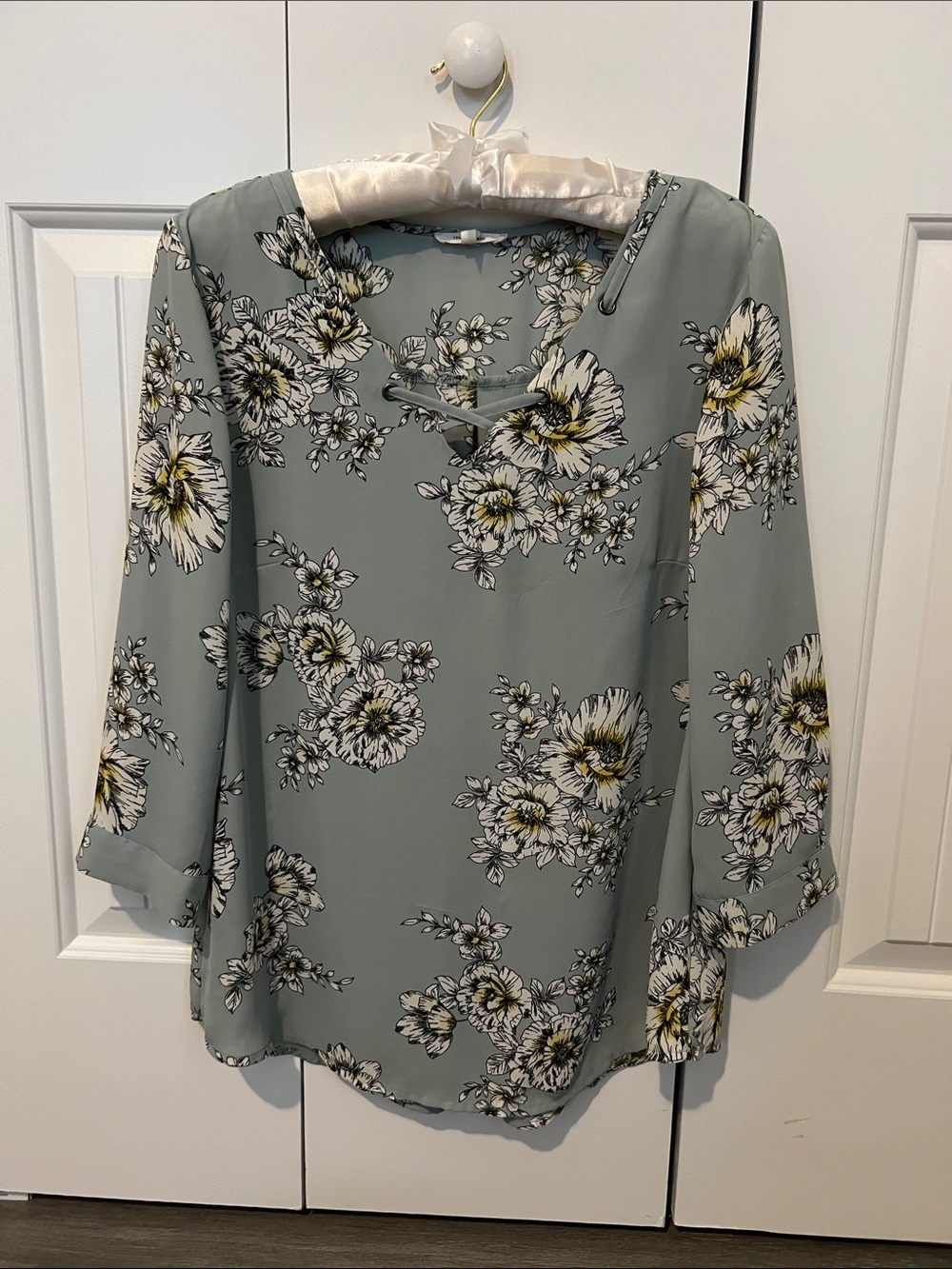 Maurices Dusty Pale Blue Floral V-Neck Laced-Front Women's Blouse